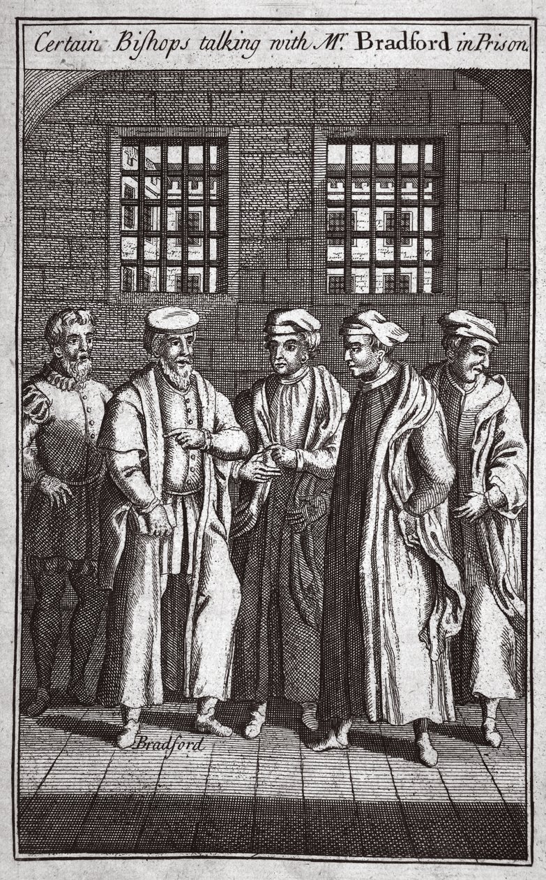 بعض الأساقفة يتحدثون مع السيد برادفورد في السجن ، صورة توضيحية من شهداء فوكس ص 1703 بواسطة مدرسة اللغة الإنجليزية