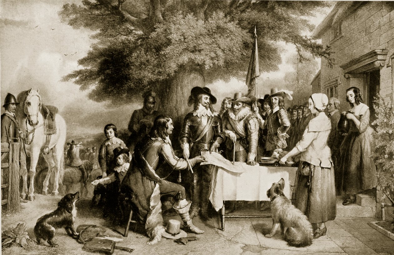 تشارلز الأول عشية معركة إيدهيل ، 22 أكتوبر 1642 ، رسم توضيحي من قصة هاتشينسون للأمة البريطانية ، c.1923 بواسطة مدرسة اللغة الإنجليزية