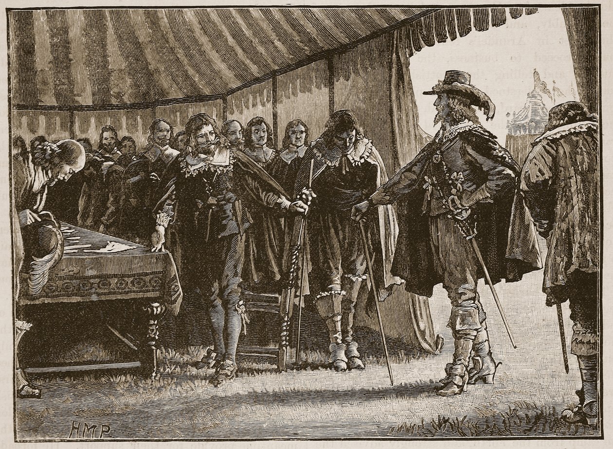 تشارلز والمفوضون الاسكتلنديون ، رسم توضيحي من Cassells Illustrated History of England (sepia photo) بواسطة مدرسة اللغة الإنجليزية