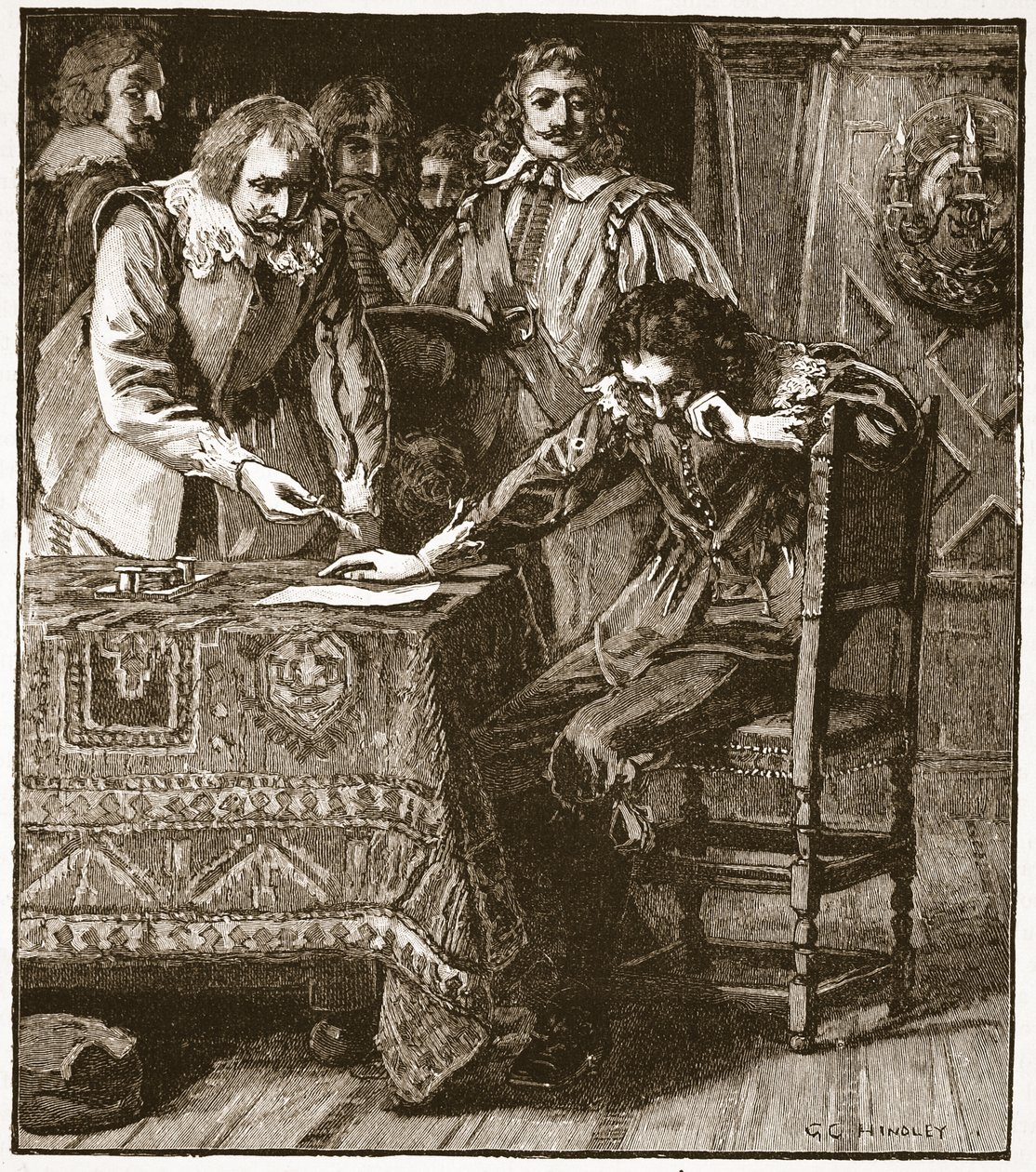 تشارلز يوقع على لجنة الموافقة على Straffords Attainder ، رسم توضيحي من Cassells Illustrated History of England (sepia photo) بواسطة مدرسة اللغة الإنجليزية