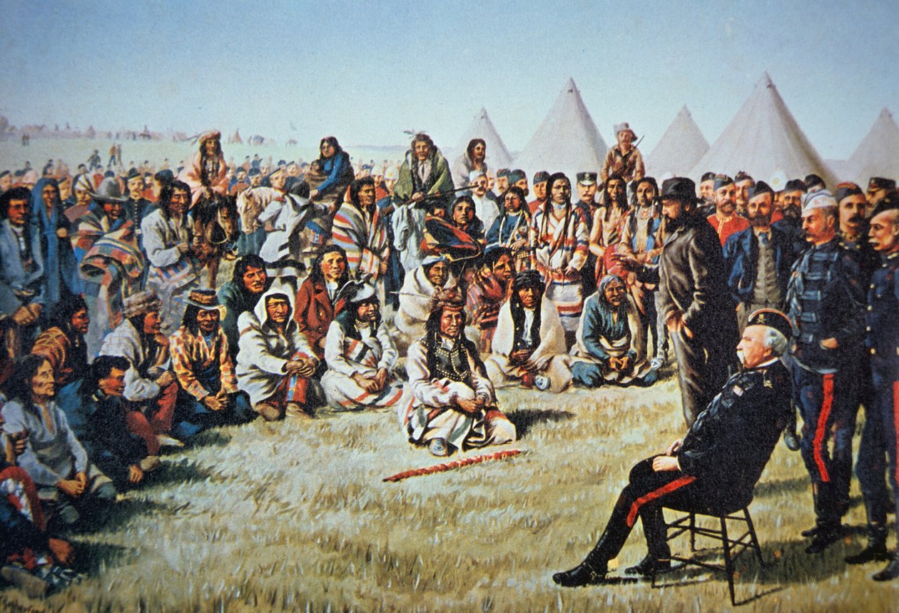 Chief Poundmaker surrenders to General Middleton during the North-West Rebellion of 1885 (colour litho) بواسطة مدرسة اللغة الإنجليزية