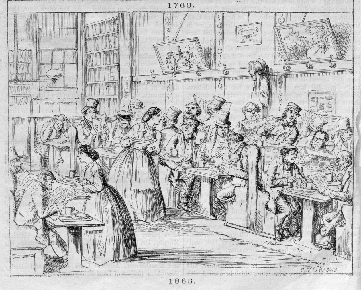غرفة القهوة عام 1863 ، من London Coffee-Houses Past and Present (نقش الألوان) بواسطة مدرسة اللغة الإنجليزية