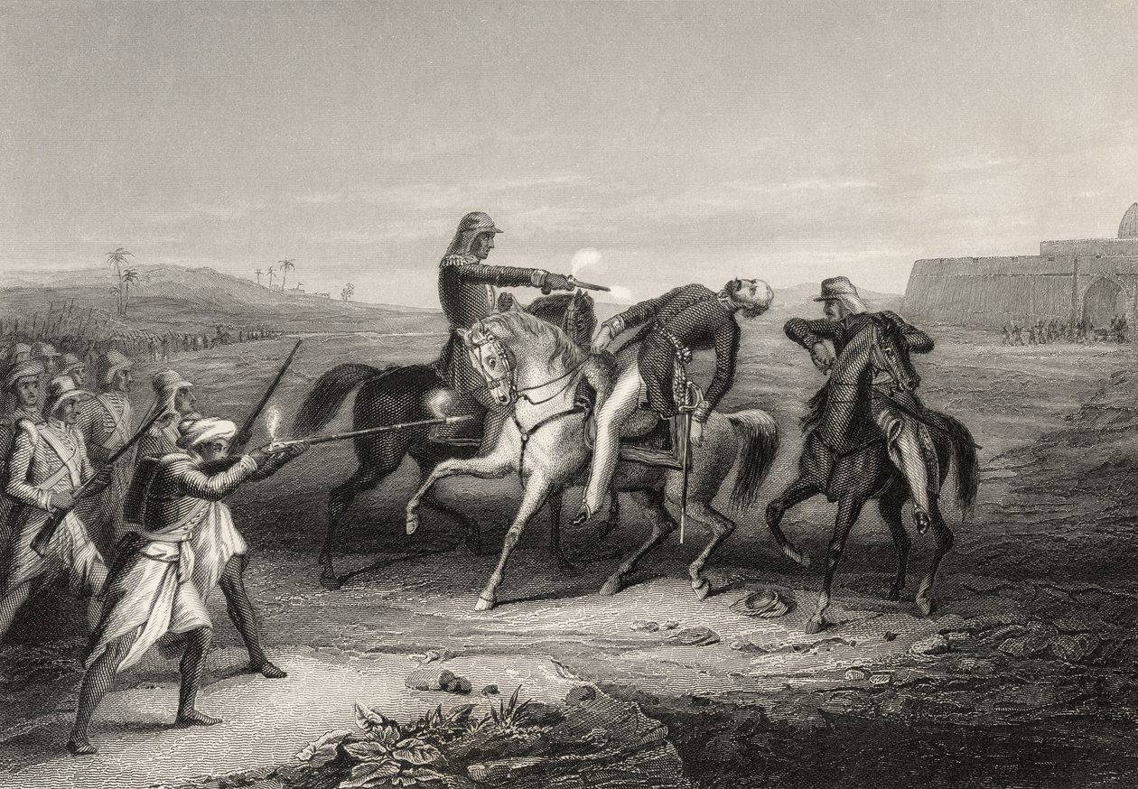 قتل العقيد جون بلات على يد المتمردين في ماو ، 1 يوليو 1857 ، من "تاريخ التمرد الهندي" ، نشر في عام 1858 بواسطة مدرسة اللغة الإنجليزية