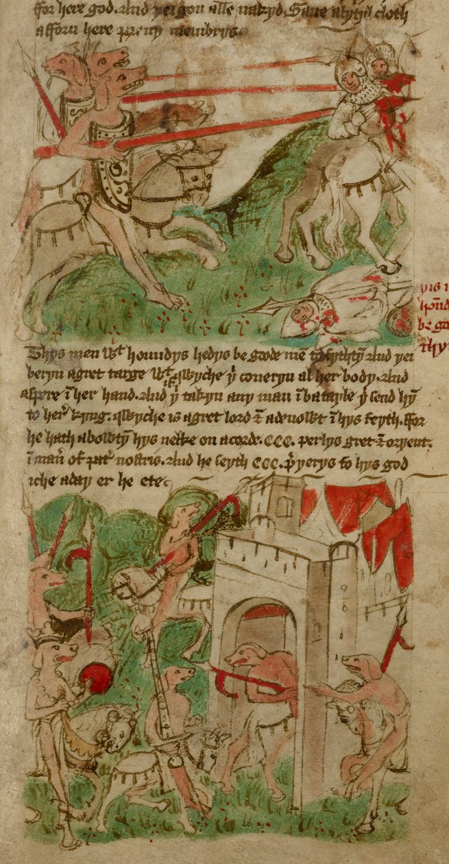 رسومات ملونة تصور الأشخاص برؤوس كلاب ("Cynocephalus") من جزيرة Nacumera ، من "رحلات السير جون ماندفيل" (رق) بواسطة مدرسة اللغة الإنجليزية