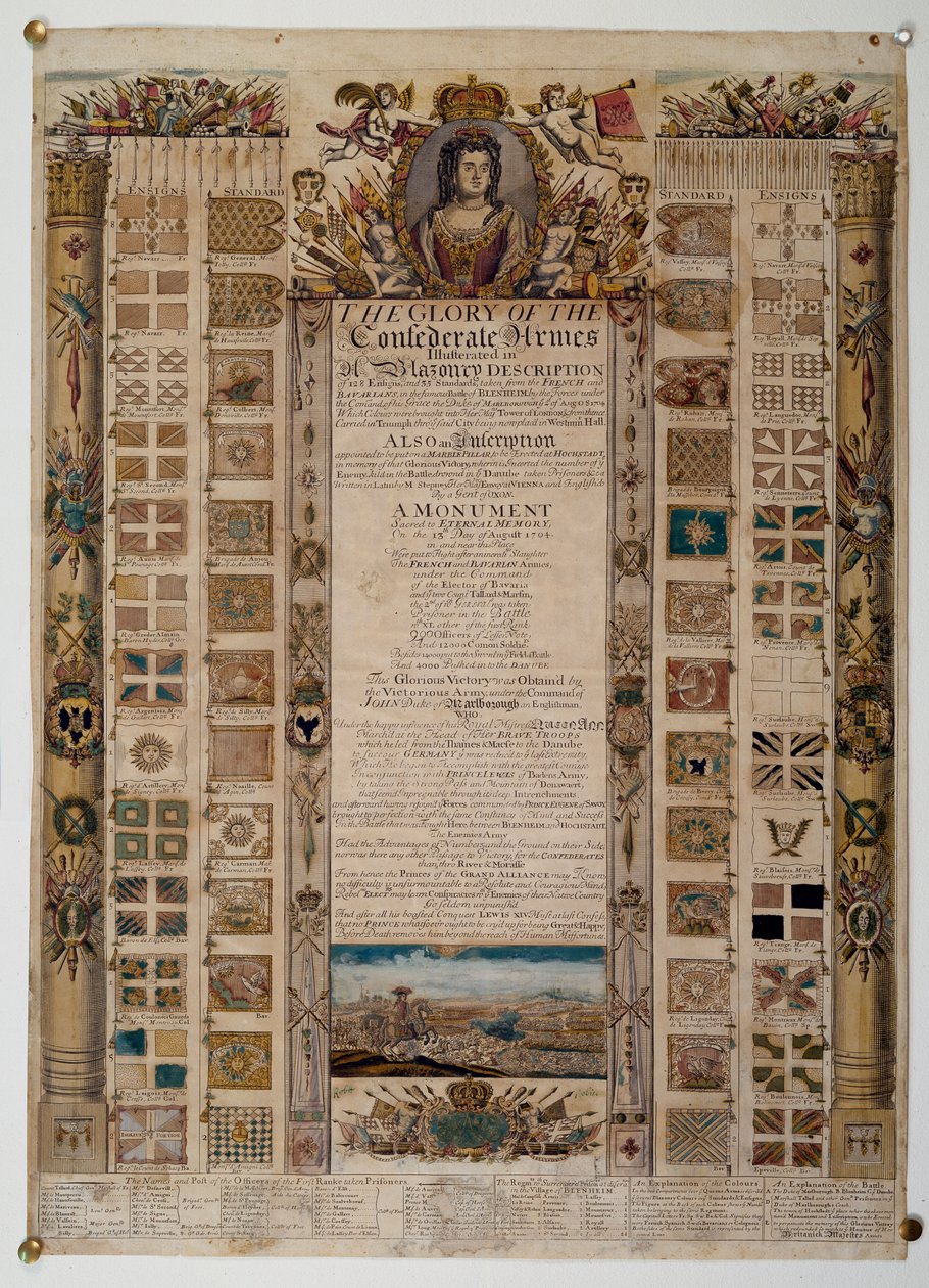 مخطط تذكاري يوضح المعايير المأخوذة من الفرنسيين بعد معركة بلينهايم ، c.1704 (نقش الخط الملون) بواسطة مدرسة اللغة الإنجليزية