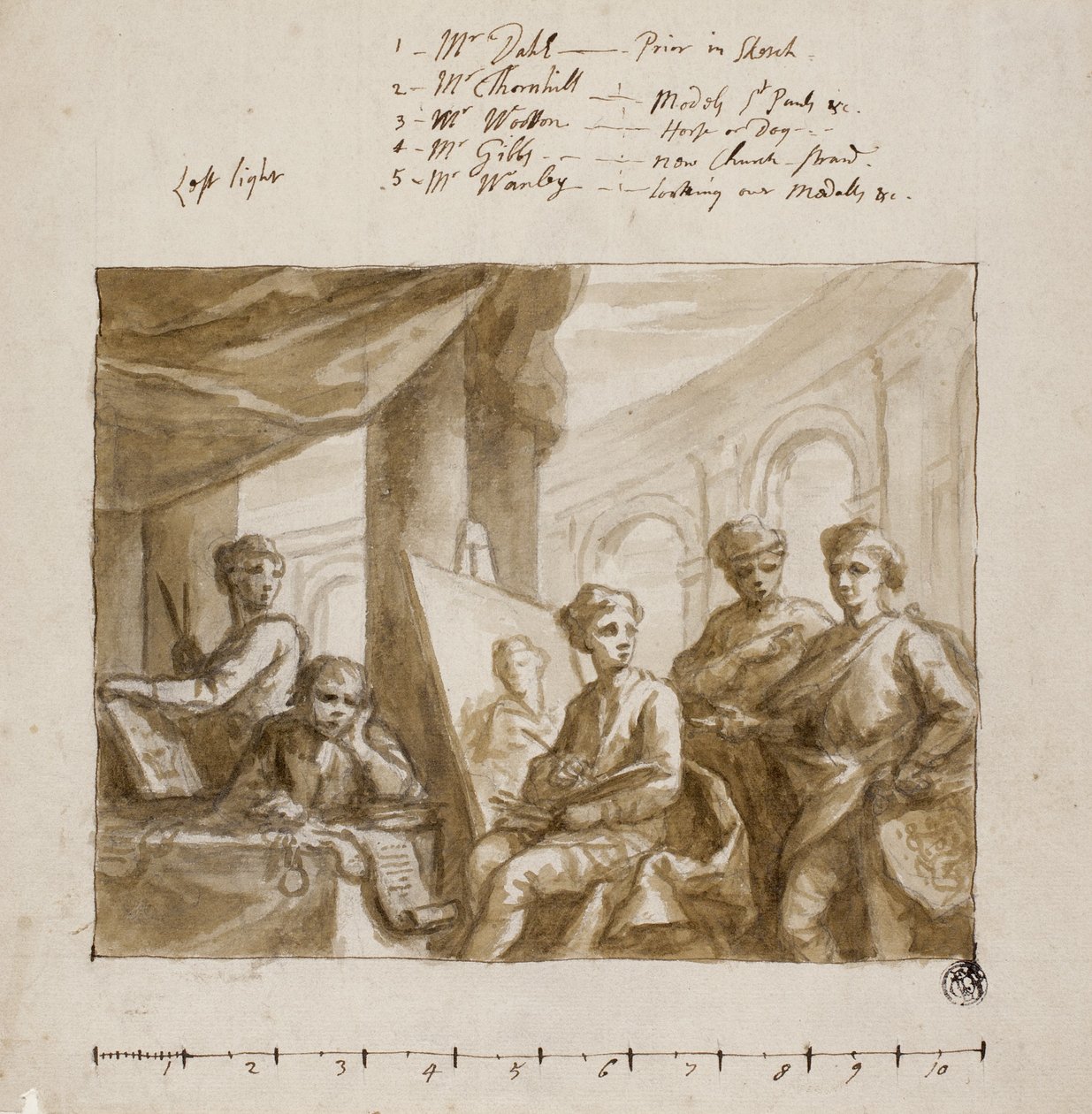 شركة الرسامين ، حوالي عام 1719 (فرشاة وغسل بني ، فوق جرافيت ، على ورق مضغوط عاجي) بواسطة مدرسة اللغة الإنجليزية