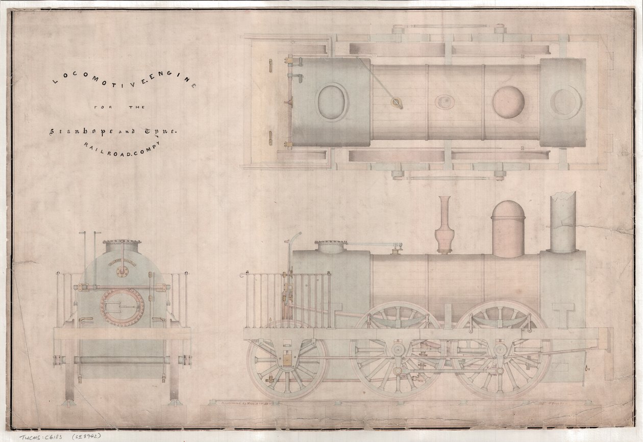 رسم إنشائي ، 0-4-2 قاطرة وعطاء بواسطة R. and W. Hawthorn and Co. لشركة Stanhope and Tyne Railway Co بواسطة مدرسة اللغة الإنجليزية