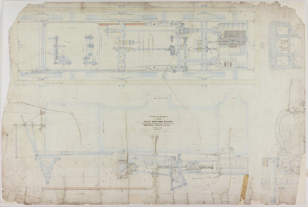 رسم إنشائي للقاطرة 2-2-2 بواسطة R. & W. Hawthorn & Co. لصالح شركة Great Northern Railway Co. بواسطة مدرسة اللغة الإنجليزية