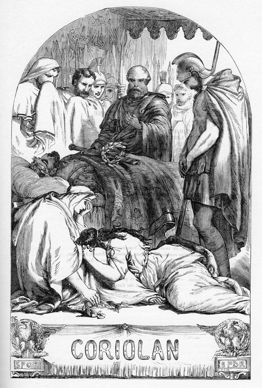 Coriolan (Coriolanus) - رسم توضيحي في "" Completes de William Shakespeare "" 1866 - تم استعارة الرسوم التوضيحية والشكل العام لهذه الطبعة من شكسبير المصور لكاسيل ، والذي نُشر في لندن بواسطة مدرسة اللغة الإنجليزية