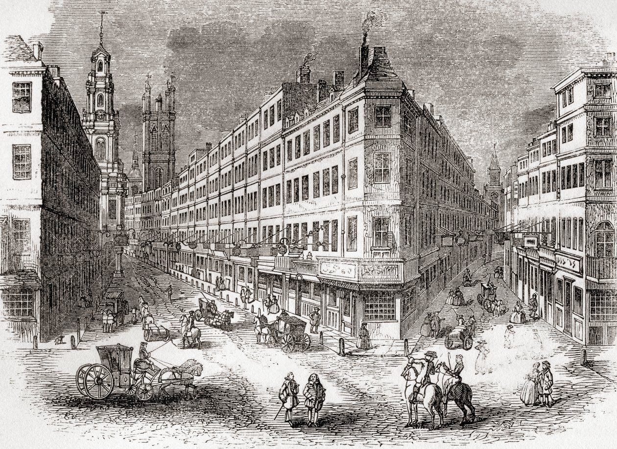 Cornhill، The Exchange and Lombard Street، London، England في منتصف القرن التاسع عشر ، من Old England: A Pictorial Museum، pub. 1847 بواسطة مدرسة اللغة الإنجليزية
