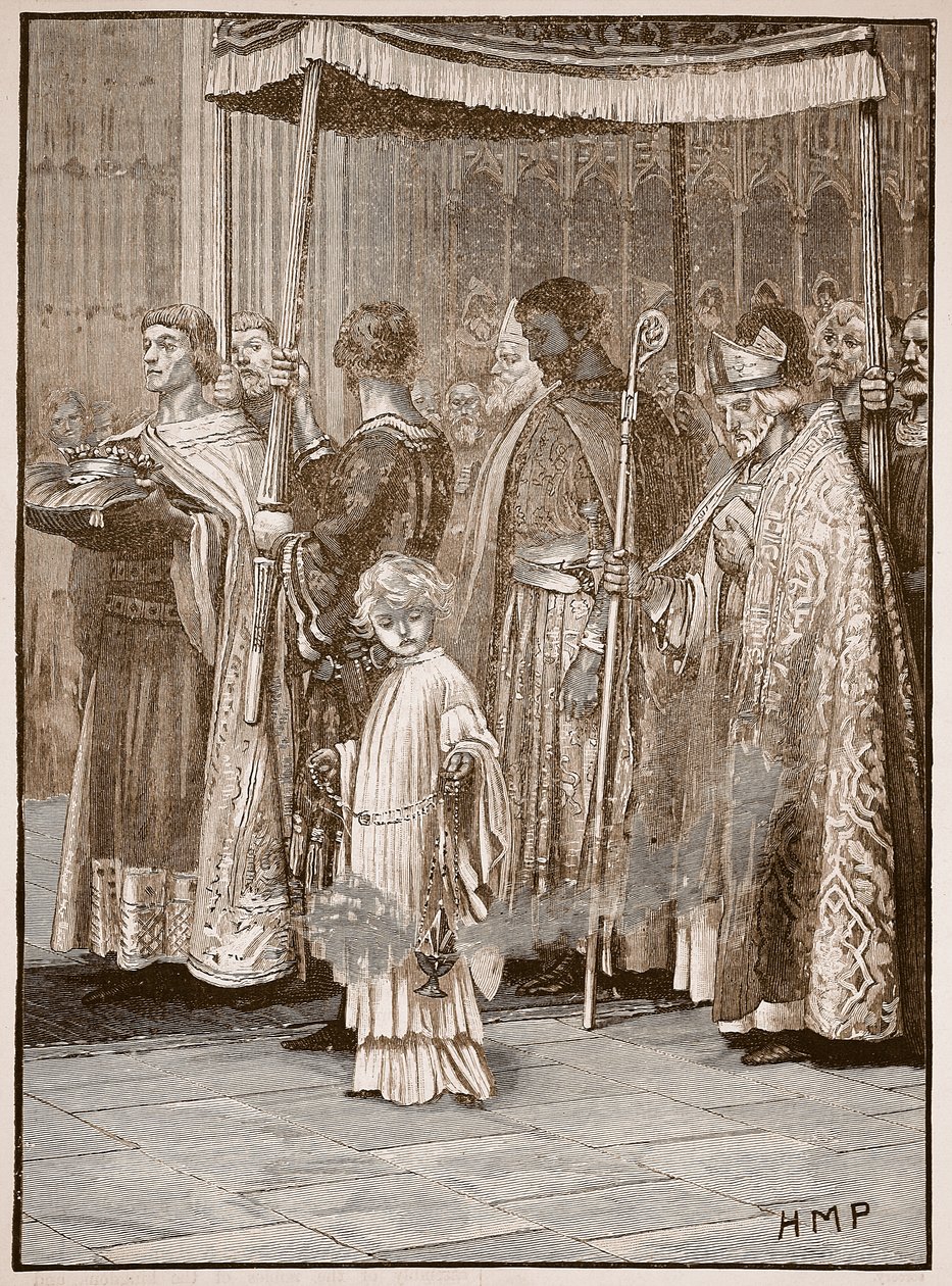 تتويج ريتشارد في دير وستمنستر: الموكب على طول الممر ، رسم توضيحي من Cassells Illustrated History of England (sepia photo) بواسطة مدرسة اللغة الإنجليزية