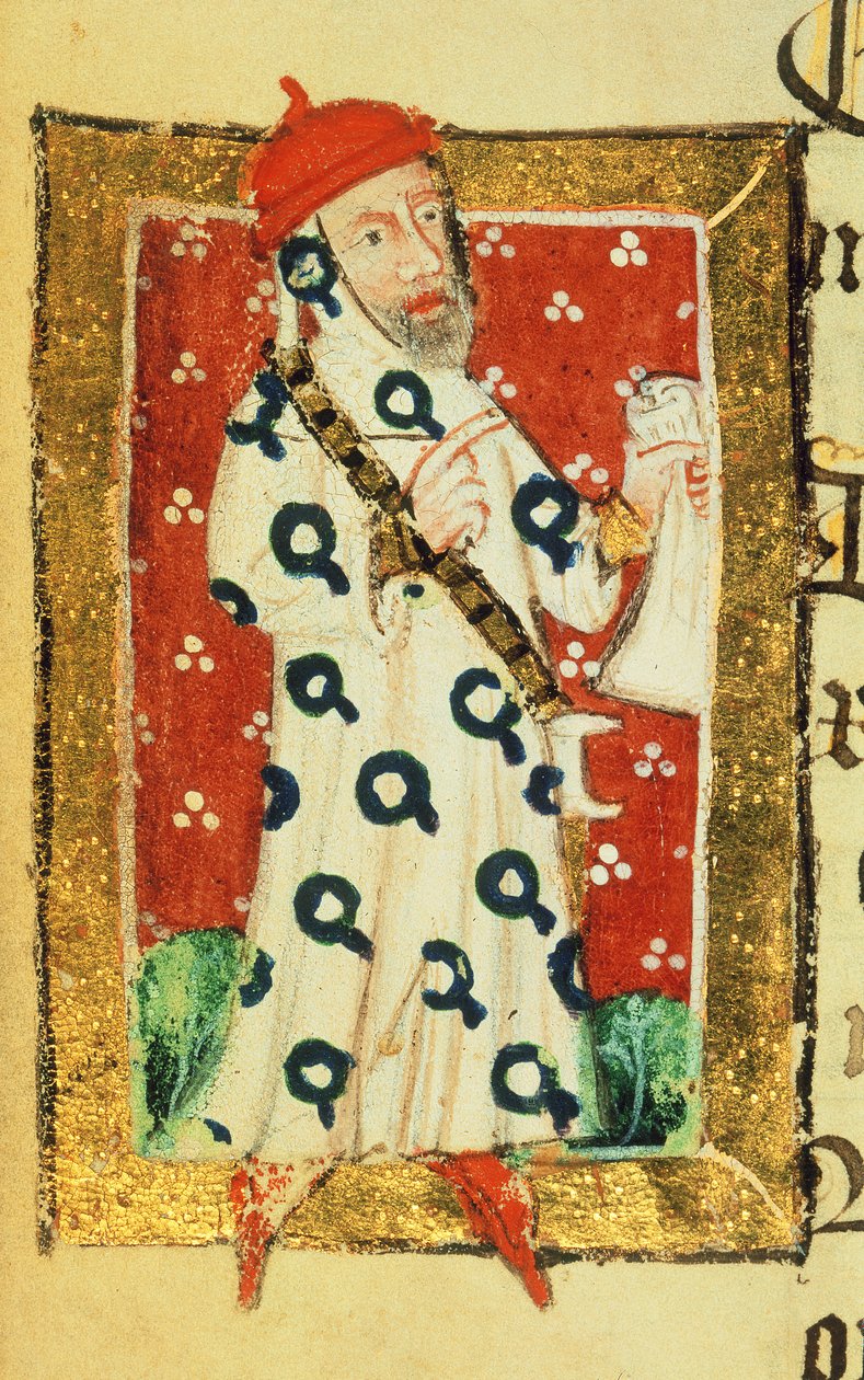 Cott Nero D VII f.105v Nigel Lorning ، Knight of the Garter ، من كتاب المحسنين لدير القديس ألبان ، حوالي 1380 (ورق) بواسطة مدرسة اللغة الإنجليزية