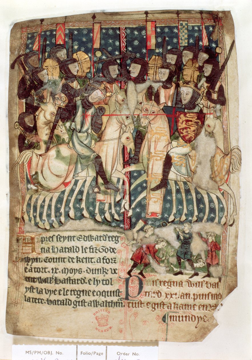 كوت فيت A XIII f.3v قتل ويليام هارولد في معركة هاستينغز ، من `` مراسيم ملوك الأنجلو ساكسونية وإنجلترا النورماندية 