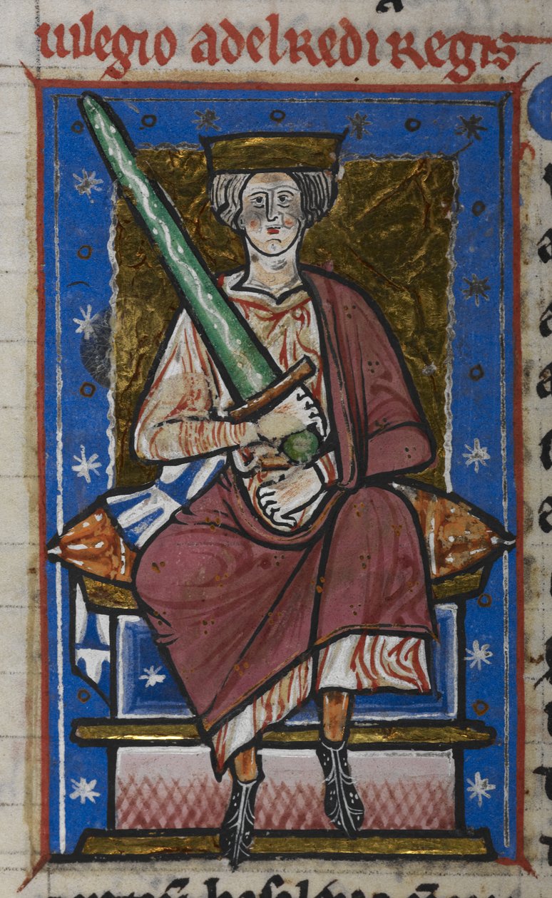 كوتون كلوديوس ب. السادس، f.87v إثيلريد غير المستعد بالسيف، من "سجلات أبينجدون"، ج.1220 (الرق) بواسطة مدرسة اللغة الإنجليزية