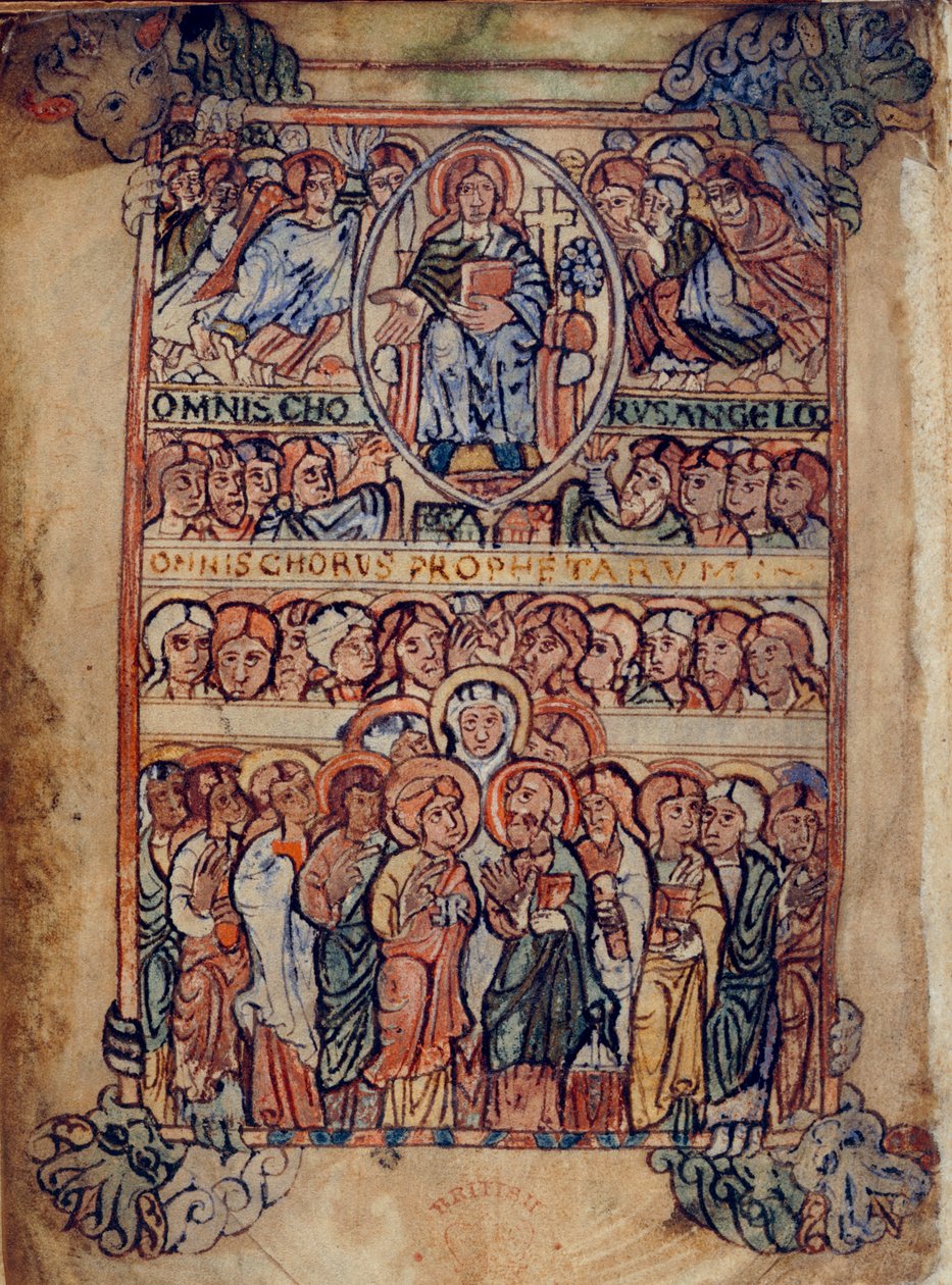 Cotton Galba A. XVIII، f.2v المسيح في الجلالة محاطًا بأدوات الآلام وجوقات الملائكة والأنبياء ، توضيح من `` سفر المزامير Athelstan 