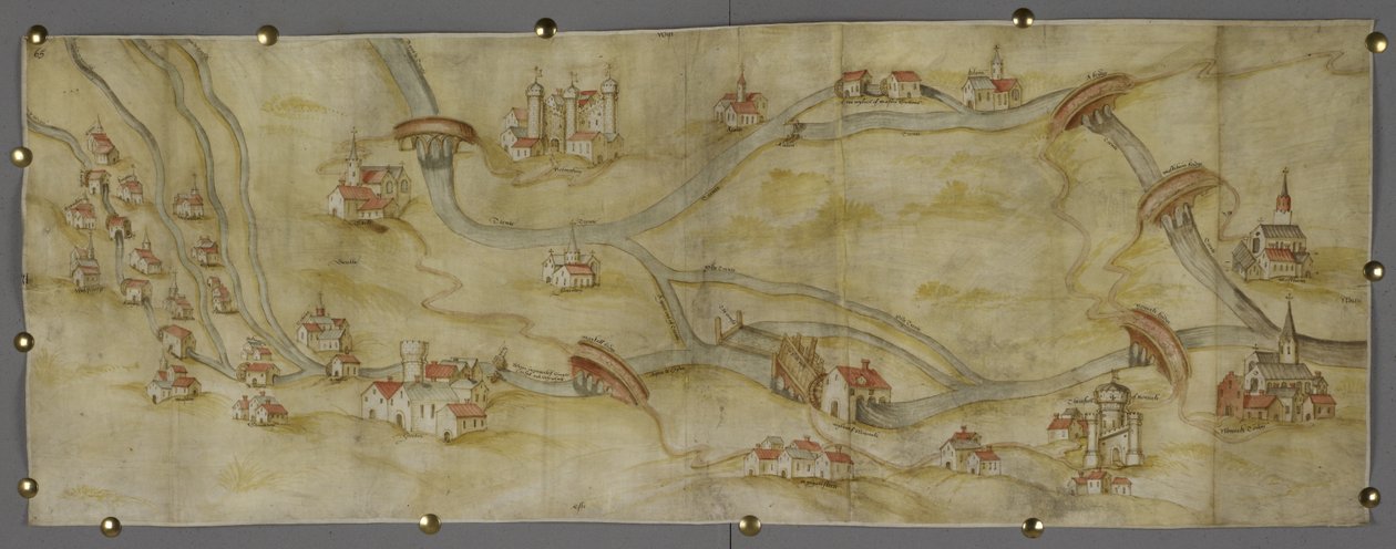Cotton MS Augustus I i 65 خريطة لنهر ترينت وروافده بين نوتنغهام ونيوارك ، حوالي 1540 (قلم وحبر مع ألوان مائية على ورق) بواسطة مدرسة اللغة الإنجليزية