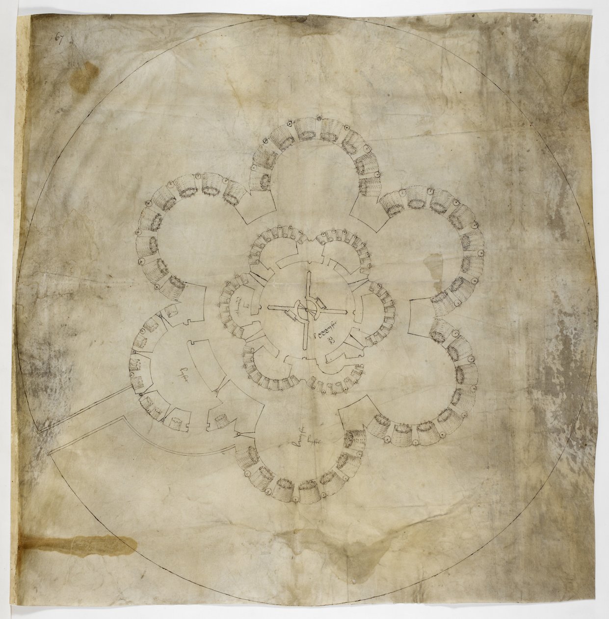 قطن MS. Augustus I.i.67 مخطط أرضي لقلعة الصفقة (حبر على ورق برشمان) بواسطة مدرسة اللغة الإنجليزية