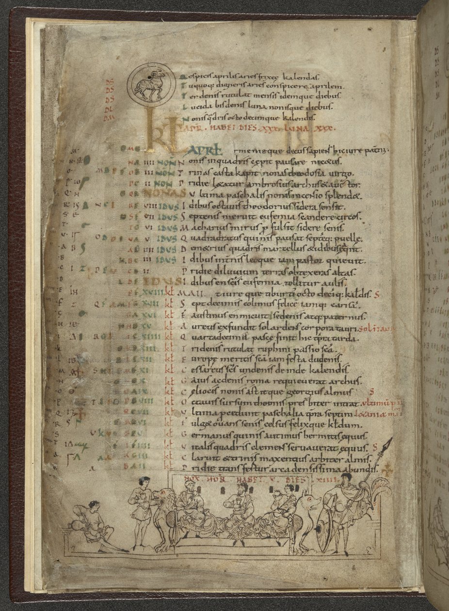 القطن MS Julius A. VI ، f.4v ، صفحة التقويم لشهر أبريل: مشهد احتفالي مع ثلاثة نبلاء (رق) بواسطة مدرسة اللغة الإنجليزية