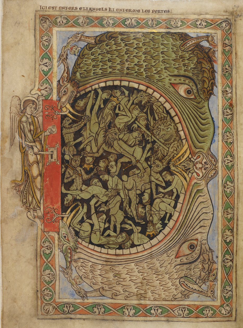 Cotton Nero C IV f.39 فكي الجحيم المُثبت بواسطة ملاك ، من سفر المزامير لهنري بلوا ، حوالي 1121-61 (ورق) بواسطة مدرسة اللغة الإنجليزية