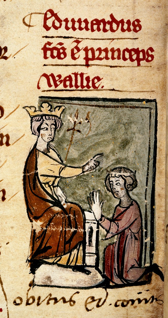 Cotton Nero D. II، f.191v أنشأ إدوارد أوف كارنارفون (إدوارد الثاني) أمير ويلز وإيرل تشيستر من قبل والده الملك إدوارد الأول في برلمان لينكولن ، 7 فبراير 1301 ، من `` Chronica Roffense 