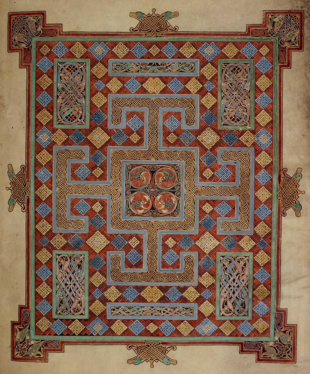 Cotton Nero D. IV، f.138v Carpet page تقدم إنجيل القديس لوقا ، من إنجيل ليندسفارن ، 710-21 (ورق) بواسطة مدرسة اللغة الإنجليزية