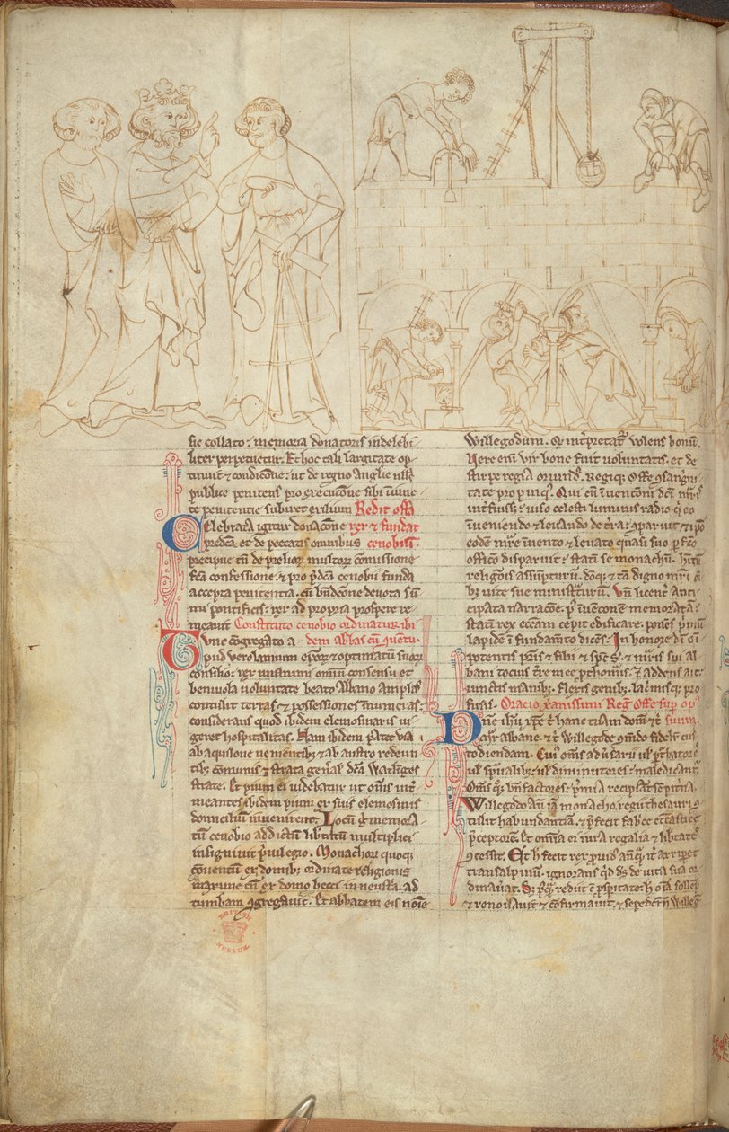 Cotton Nero D. I f.23v مبنى برج كليفورد في سانت ألبانز ، من "حياة الأوفاس" (ورق) بواسطة مدرسة اللغة الإنجليزية