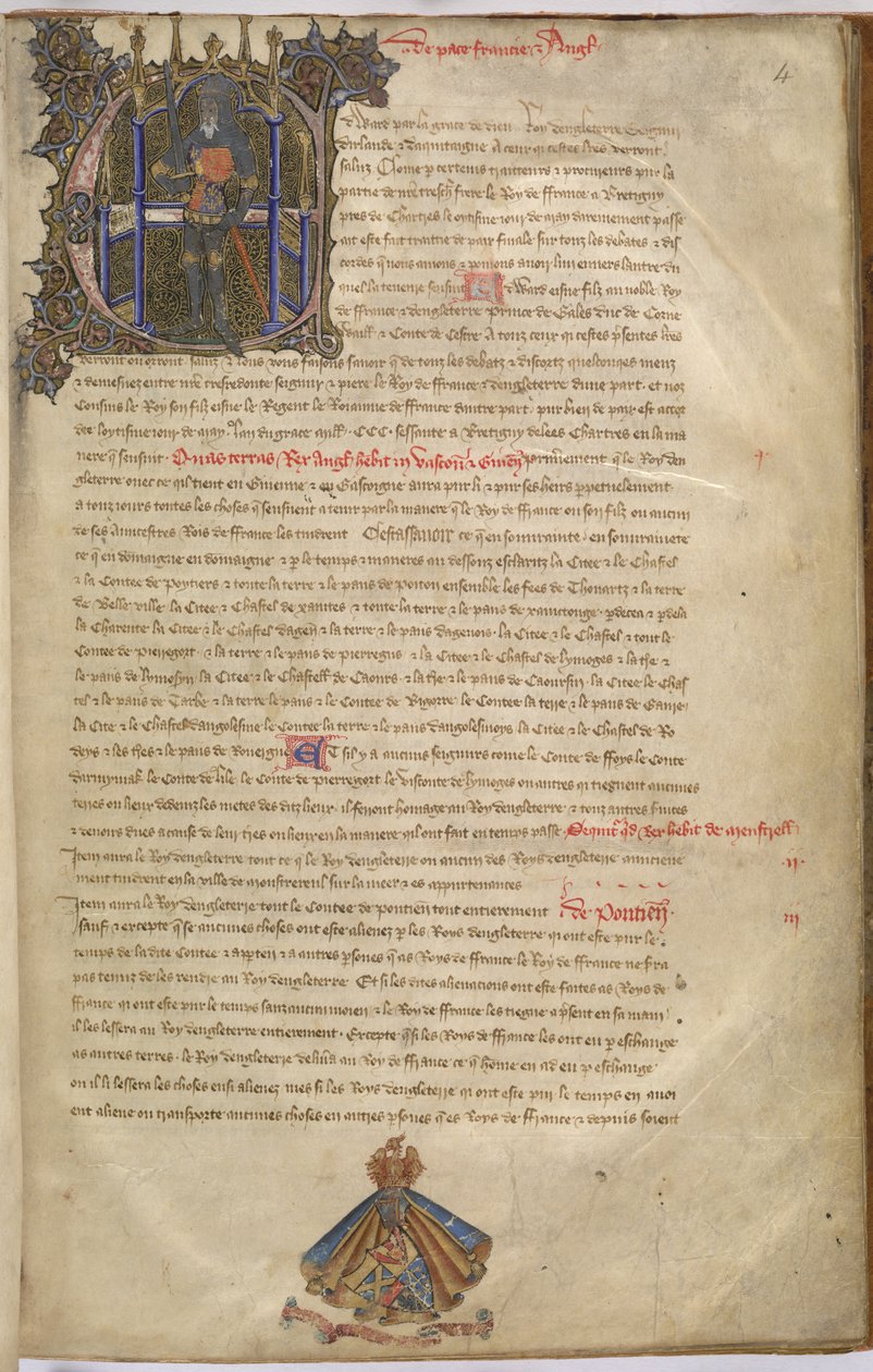 Cotton Nero D. VI f.4 الحرف الأول المضيء "E" الذي يصور إدوارد الثالث ، ملك إنجلترا بواسطة مدرسة اللغة الإنجليزية