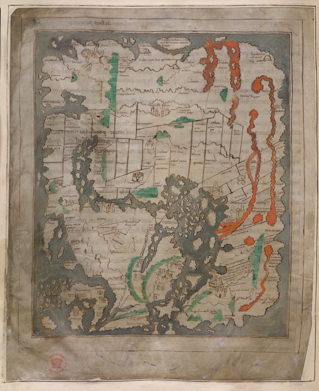 Cotton Tiberius B.V ، الجزء 1 ، f.56v خريطة Tiberius ، Mappa Mundi (ورق) بواسطة مدرسة اللغة الإنجليزية