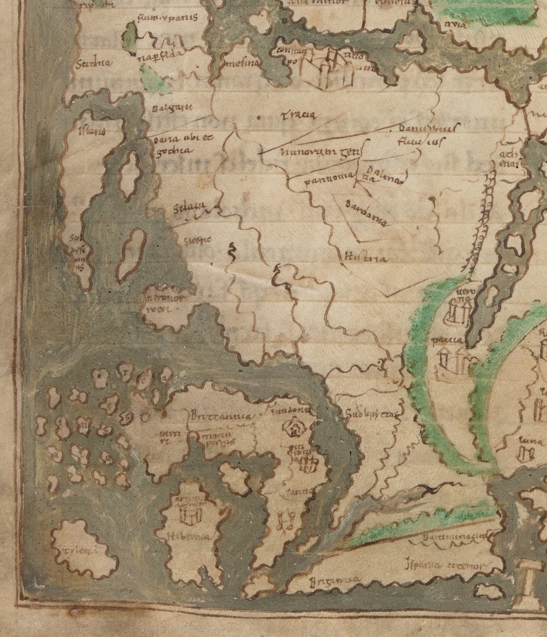 Cotton Tiberius B.V ، الجزء 1 ، f.56v خريطة Tiberius ، Mappa Mundi ، تفاصيل أوروبا الغربية والجزر البريطانية (رق) بواسطة مدرسة اللغة الإنجليزية