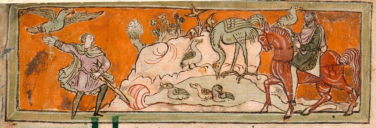 Cotton Tiberius B. V ، الجزء 1 ، f.7v الصيد بالصقر ، رسم توضيحي لشهر أكتوبر من "التقويم الأنجلو سكسوني" (ورق الرق) بواسطة مدرسة اللغة الإنجليزية