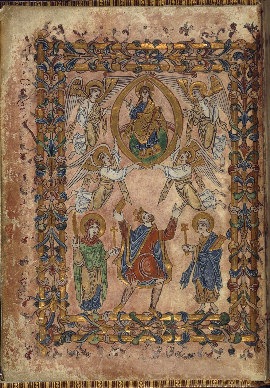 قطن فيسباسيان أ.ثامنًا ، f.2v Edgar يقدم ميثاقًا للمسيح ، رسم توضيحي من 