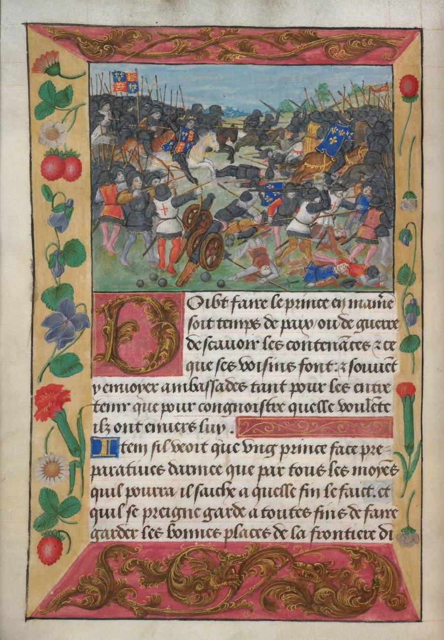 Cotton Vespasian A xvii، f.13v ، ملك إنجلترا امتطى حصانًا أبيض ، مطاردًا ملك فرنسا الهارب ، من كتاب روبرت دي بالساك دليل الحرب لتعليم الأمير ، حوالي عام 1490 (ورق) بواسطة مدرسة اللغة الإنجليزية