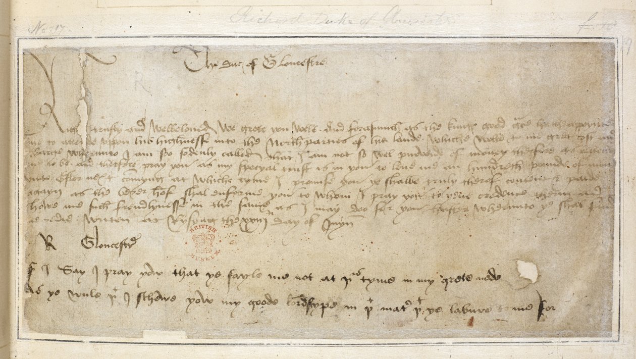 Cotton Vespasian MS F III f.19 أول رسالة متبقية من ريتشارد إلى السير جون ساي بواسطة مدرسة اللغة الإنجليزية