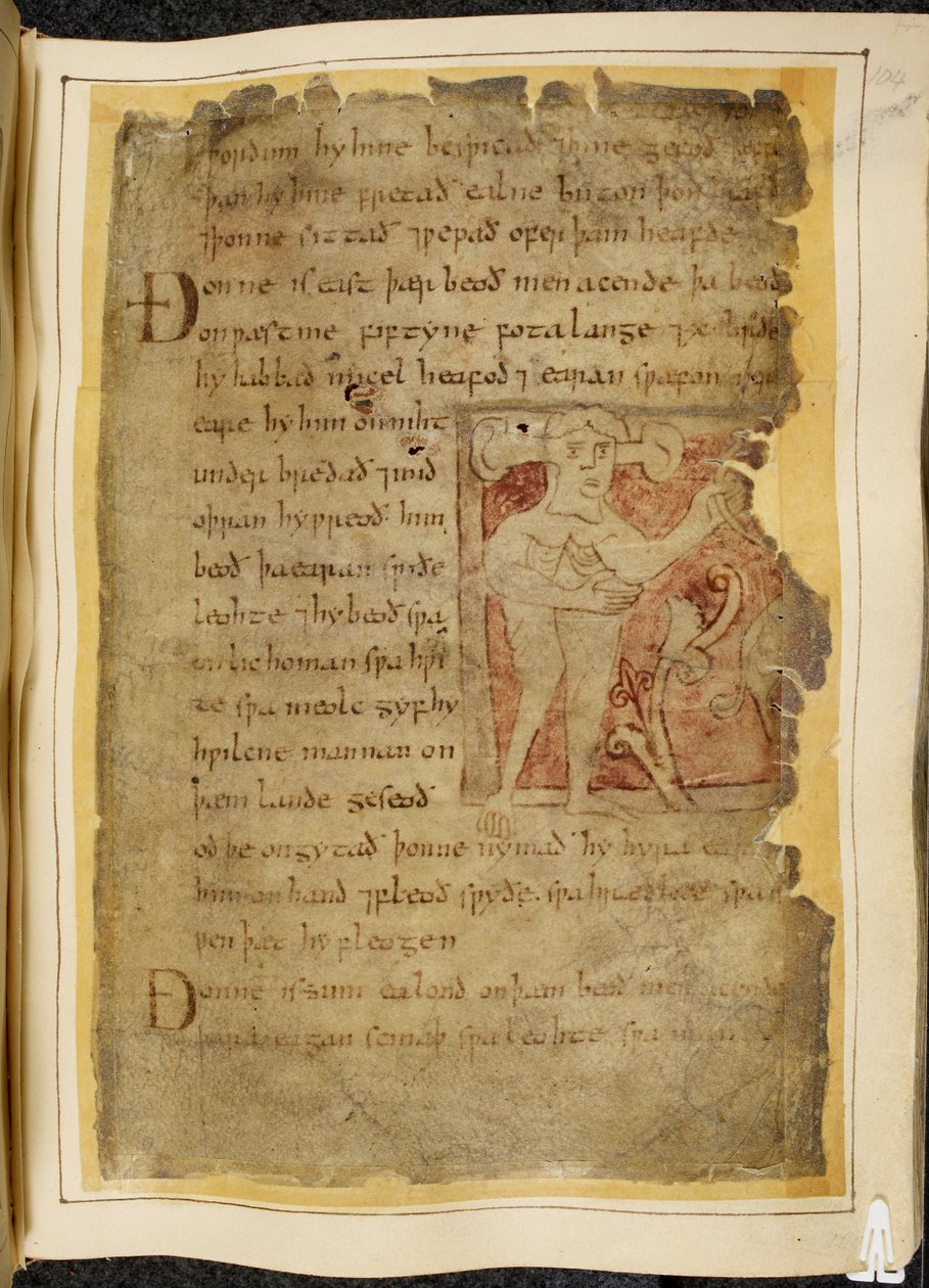 Cotton Vitellius A. XV f.104r، A panotii ، أي رجل ذو أذنان بارزة على السيقان ، يحمل شيئًا يشبه القوس ، رسم توضيحي من بياولف ، من "مخطوطة Nowell" (حبر على ورق) بواسطة مدرسة اللغة الإنجليزية