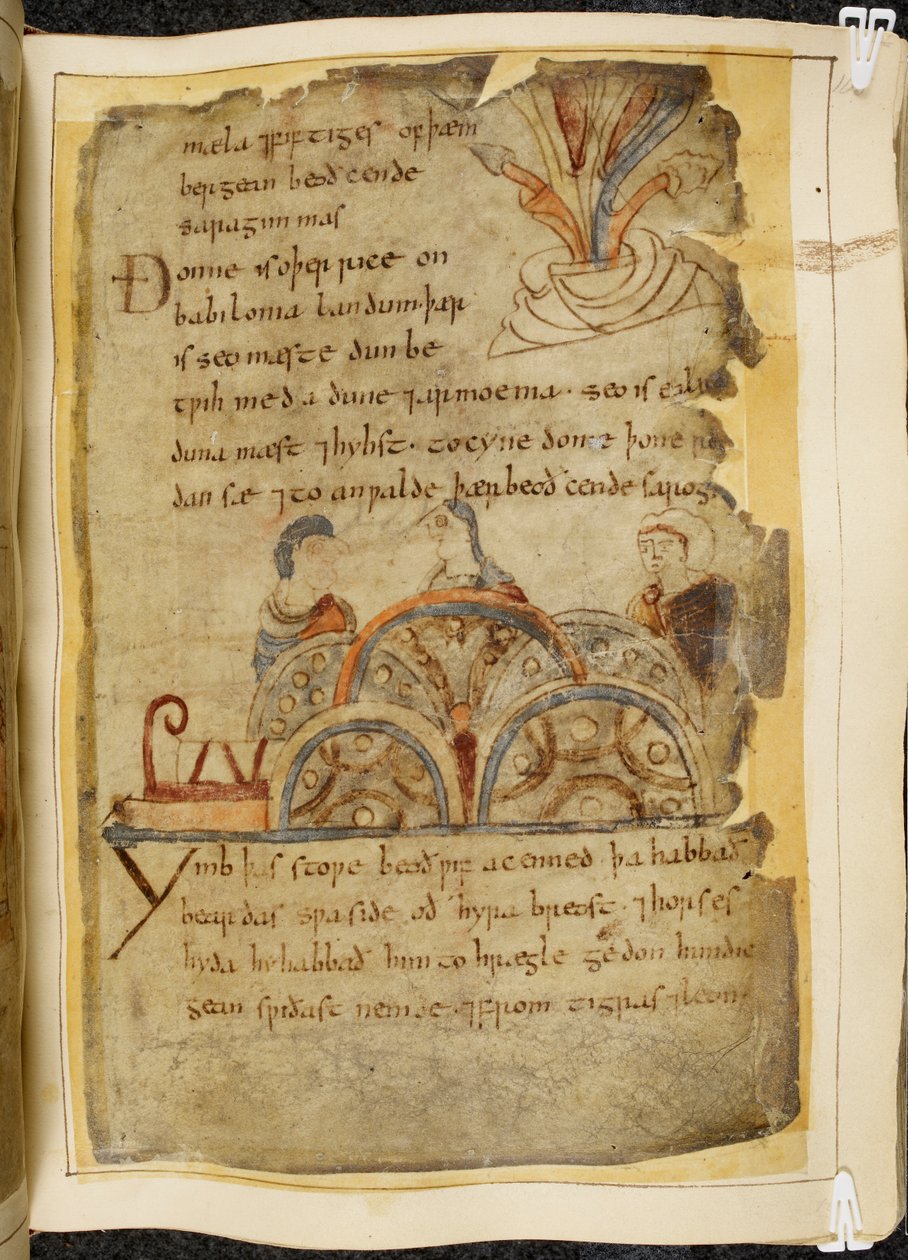 القطن Vitellius A. XV f.105 ، شجرة كرمة ذهبية ؛ يتحدث ثلاثة أشخاص ، يمثلون أمة طيبة تحكم البحر الأحمر ، حيث توجد أفضل اللآلئ ، رسم توضيحي من بياولف ، من "مخطوطة نويل" (حبر على ورق) بواسطة مدرسة اللغة الإنجليزية