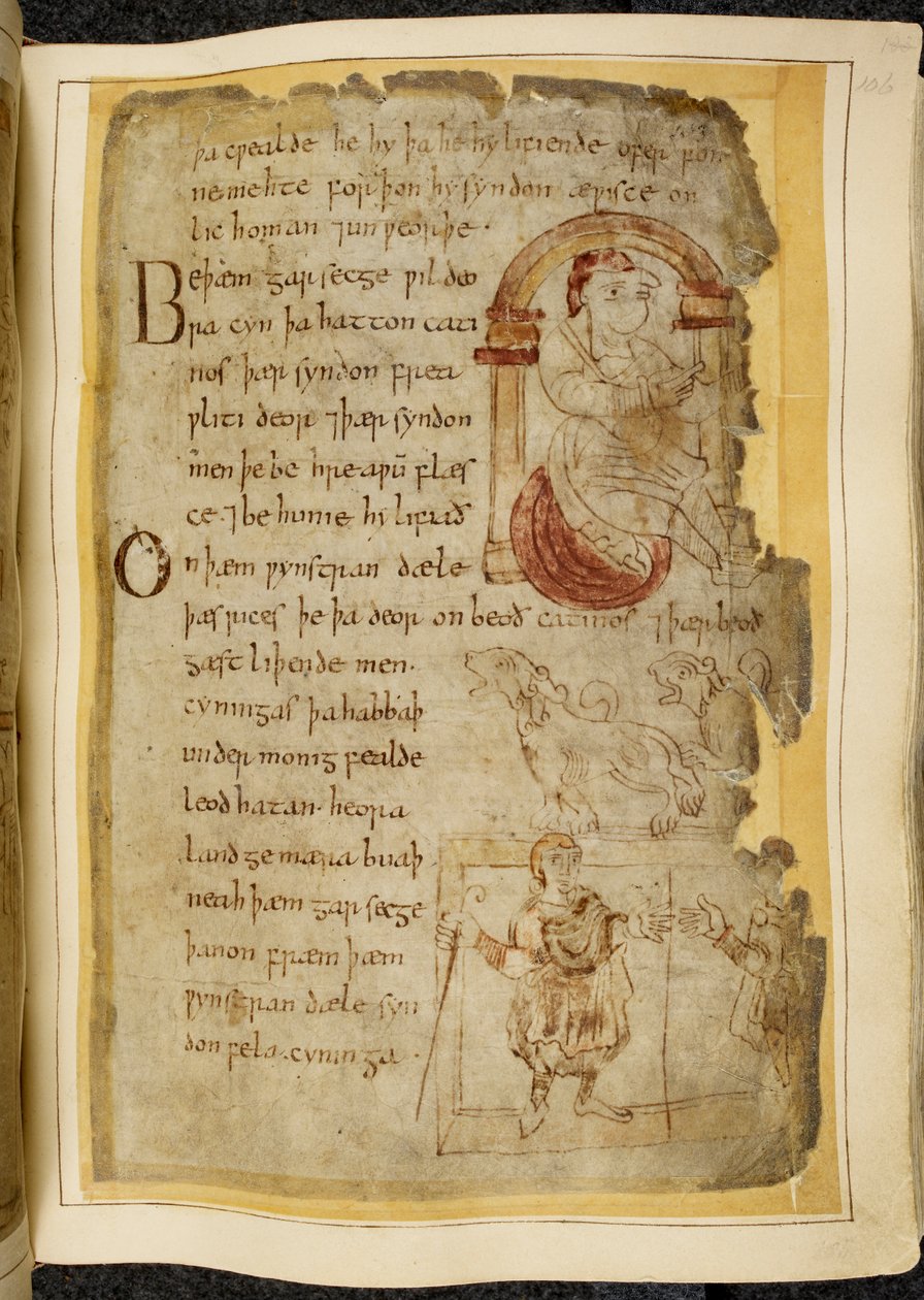 Cotton Vitellius A. XV f.106r ، رجل يجلس على وسادة تحت قوس ؛ اثنان من القطط ، وحوش مفتوحة الفم مثل الكلاب ؛ رجل يرتدي ثوبًا مع عصا ، يمد يده إلى رجل آخر ، رسم توضيحي من بياولف ، من "مخطوطة نويل" (حبر على ورق) بواسطة مدرسة اللغة الإنجليزية