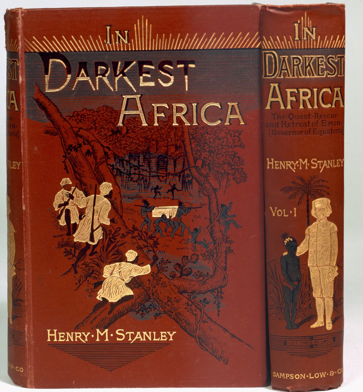 غلاف In Darkest Africa: or The Quest، Rescue، and Retreat of Emin (Governor of Equatoria) ، المجلد الأول ، نشر عام 1890 بواسطة مدرسة اللغة الإنجليزية
