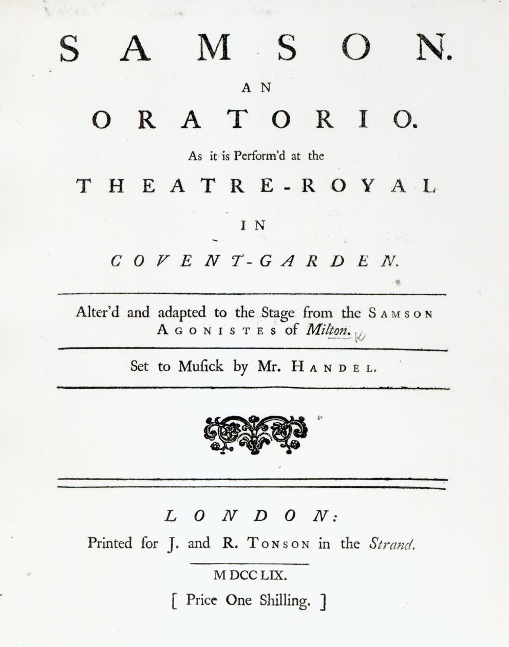 غلاف للموسيقى ورقة ل Samson ، وهو Oratorio بواسطة Handel ، نشر في 1759 بواسطة مدرسة اللغة الإنجليزية