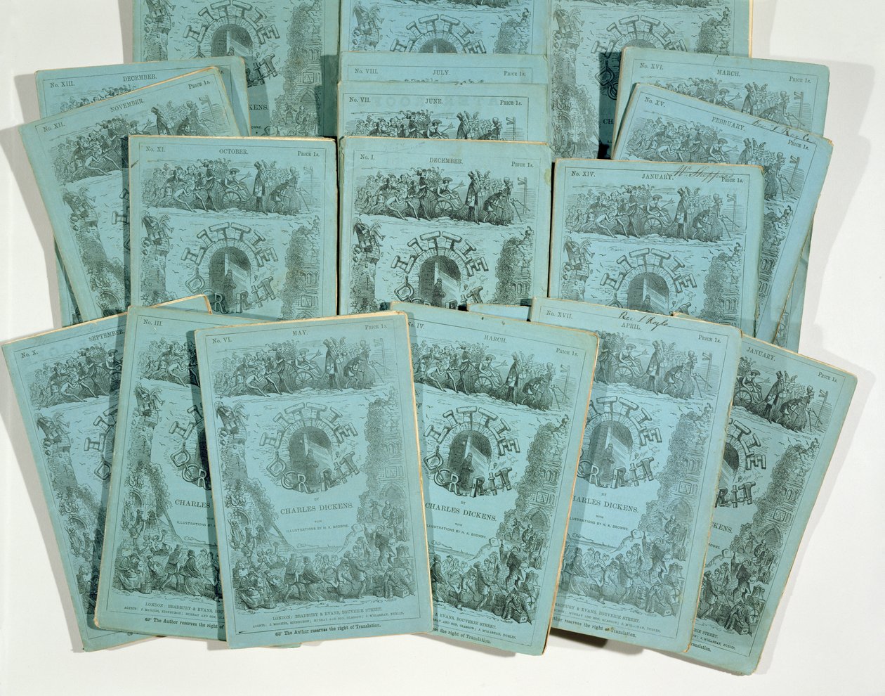 يغطي من الإصدارات الشهرية من Little Dorrit بقلم تشارلز ديكنز (1812-1870) ، تم نشره ج. 1856 بواسطة مدرسة اللغة الإنجليزية