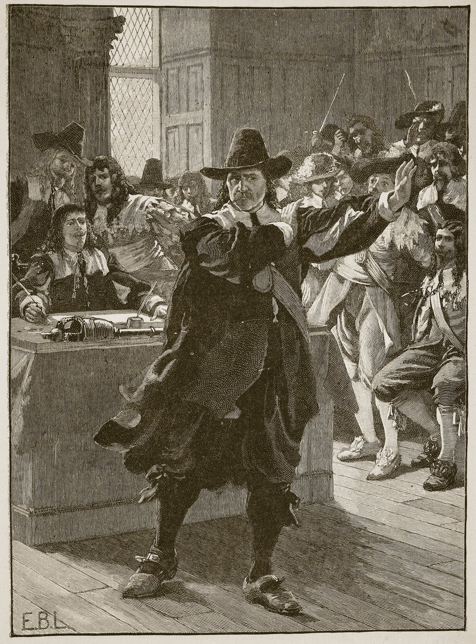 كرومويل يخاطب البرلمان الطويل للمرة الأخيرة ، رسم توضيحي من Cassells Illustrated History of England (sepia photo) بواسطة مدرسة اللغة الإنجليزية