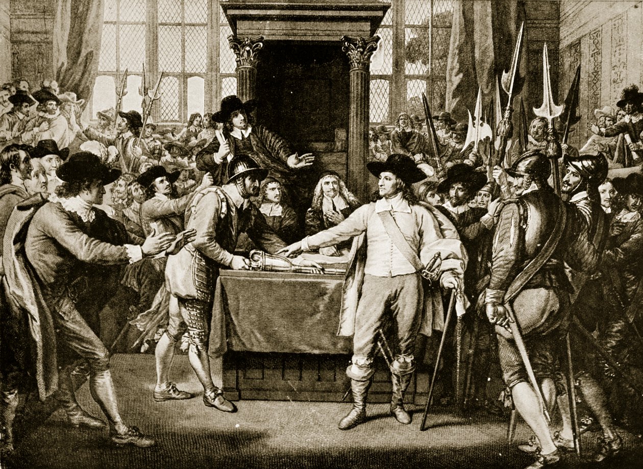 كرومويل يحل البرلمان الطويل ، 1653 ، رسم توضيحي من قصة هاتشينسون للأمة البريطانية ، ج .1923 بواسطة مدرسة اللغة الإنجليزية