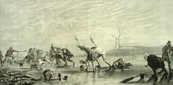 Curling في عام 1880 تقريبًا ، من "Scottish Pictures" ، الذي نشرته جمعية المسالك الدينية بواسطة مدرسة اللغة الإنجليزية