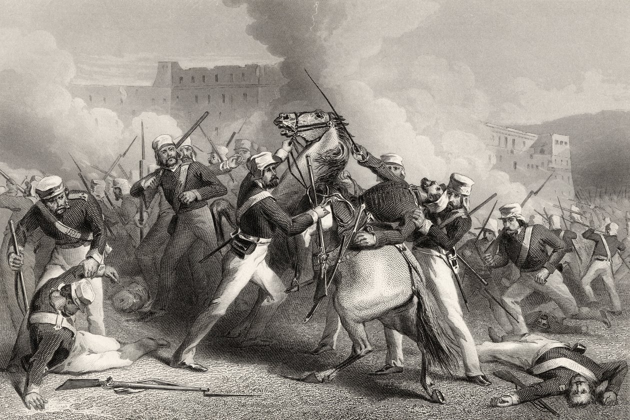 وفاة العميد أدريان هوب في الهجوم على حصن رودمو ، 15 أبريل 1858 ، من "تاريخ التمرد الهندي" المنشور عام 1858 بواسطة مدرسة اللغة الإنجليزية
