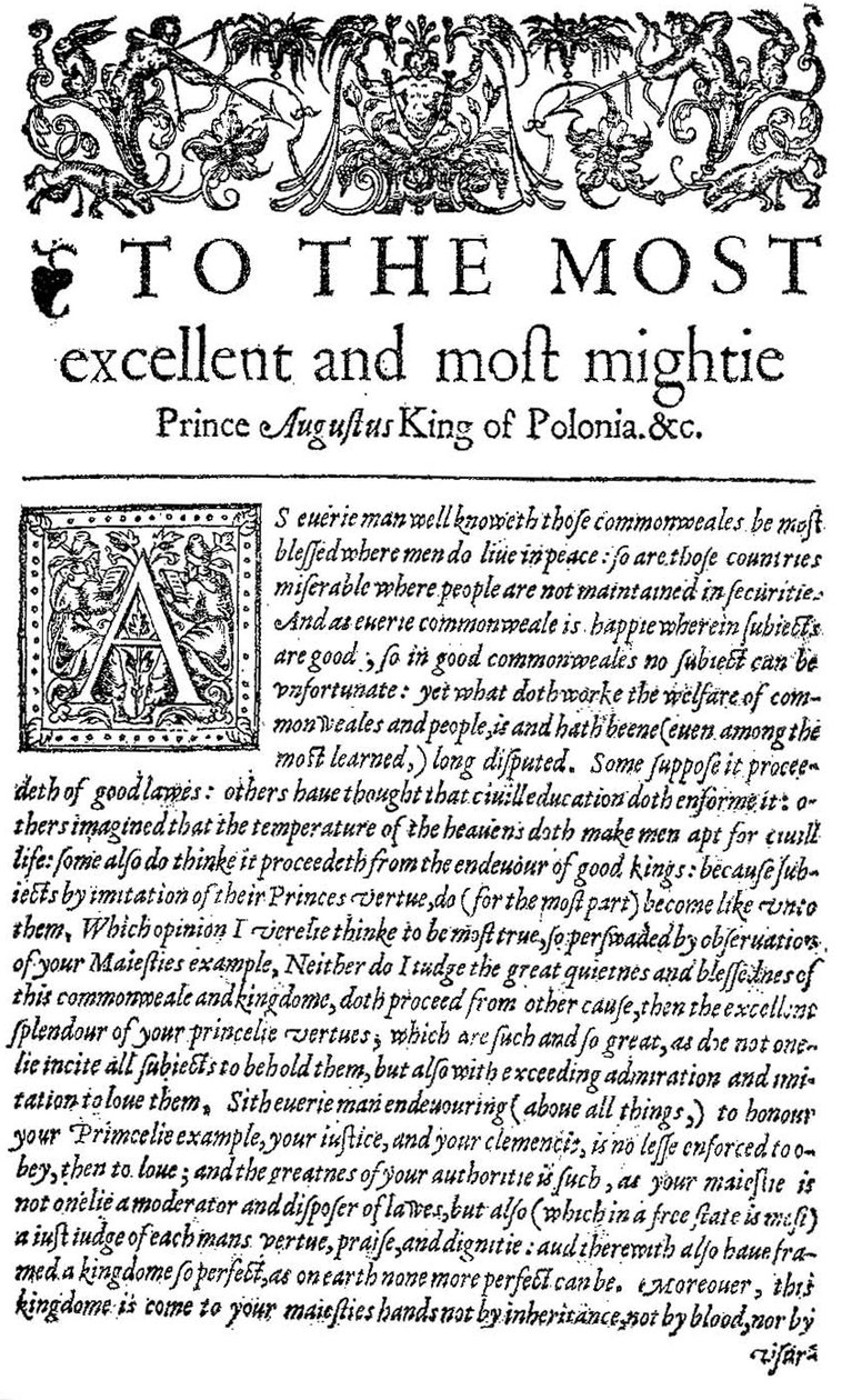 التفاني لملك بولندا Sigismund II Augustus I في المستشار ، أول ترجمة إنجليزية Wawrzyniec Grzyma؟ a Go؟ lickis De opto senatore ، 1598 (طباعة) بواسطة مدرسة اللغة الإنجليزية