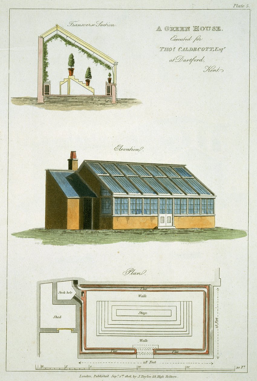 تصميم لبيت أخضر ، أعدم لتوماس كالديكوت في دارتفورد ، كينت ، 1806 بواسطة مدرسة اللغة الإنجليزية