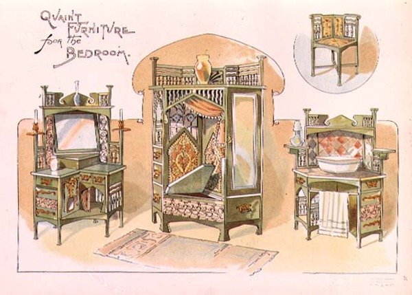 تصميم "أثاث جذاب لغرفة النوم" ، رسم توضيحي من "The Cabinet Maker" ، حانة. أغسطس 1897 (طباعة) بواسطة مدرسة اللغة الإنجليزية