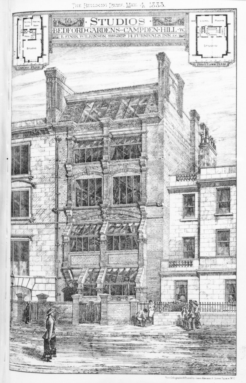 تصميم للاستوديوهات في حدائق بيدفورد ، كامبدين هيل ، لندن ، من The Building News ، 4 مايو 1883 بواسطة مدرسة اللغة الإنجليزية
