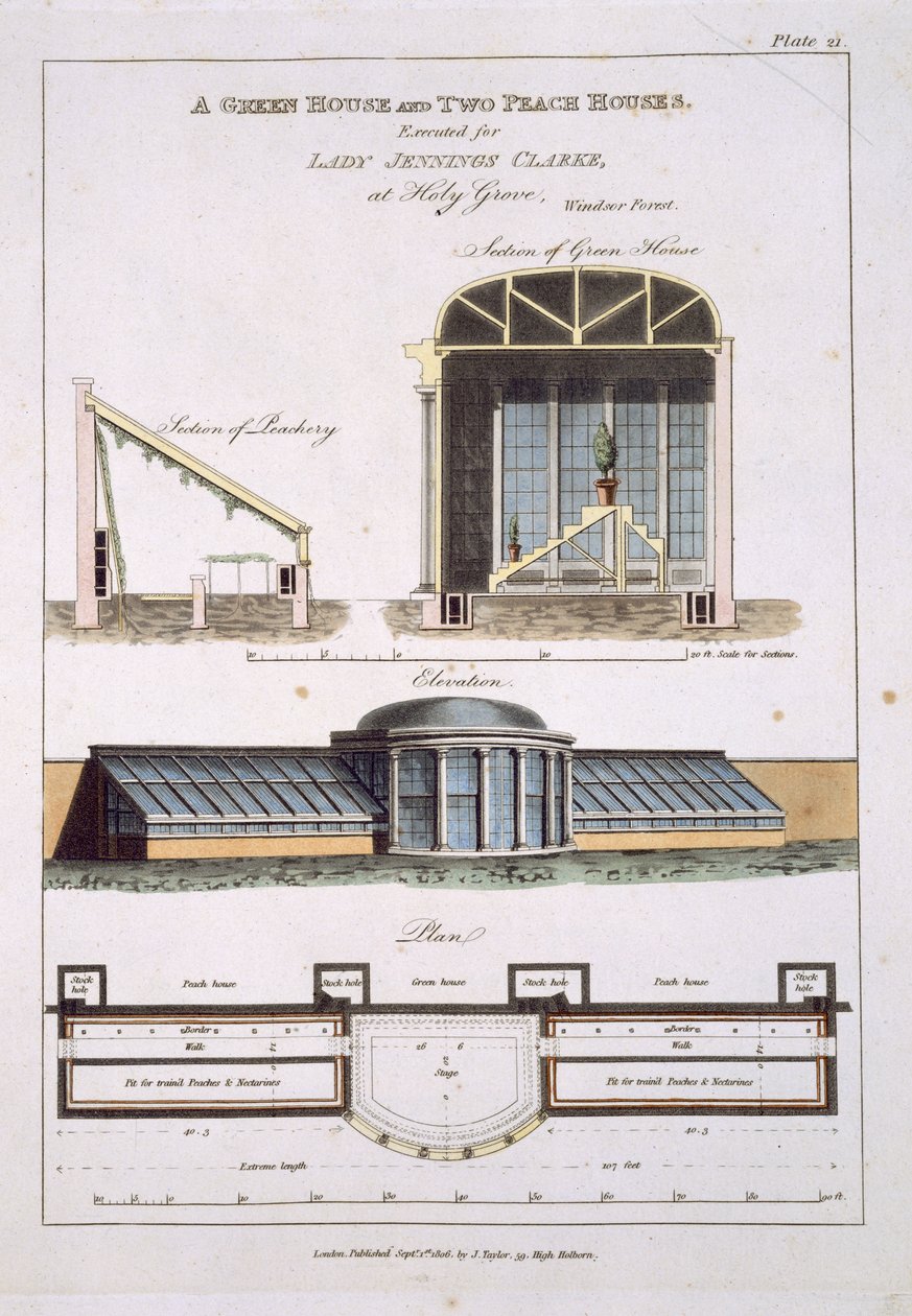 تصميم لبيت أخضر ومنزلين خوخ ، 1806 بواسطة مدرسة اللغة الإنجليزية
