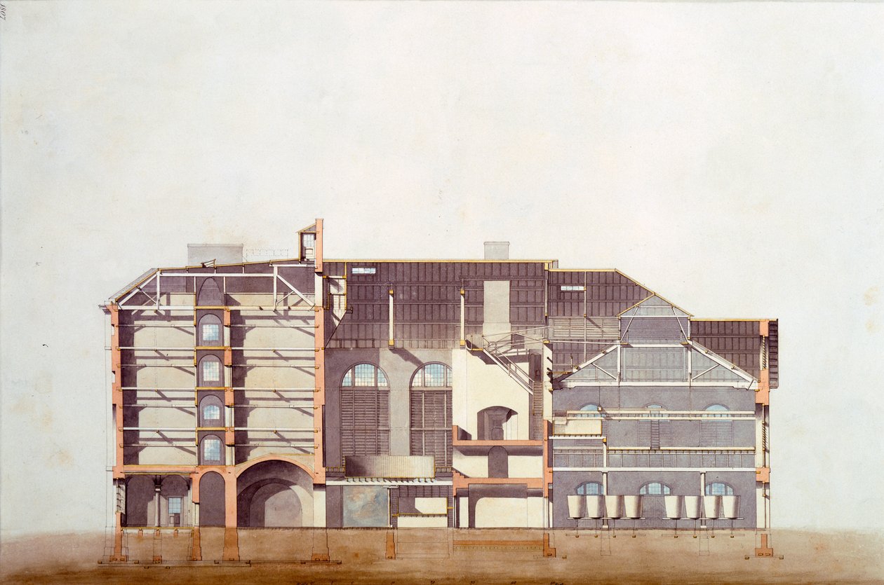 تصميم Stag Brewhouse ، مخطوطة أصلية مستمدة من مكاتب جورج سوندرز ، c.1807 (قلم رصاص ومرحاض وقلم وحبر على ورق) بواسطة مدرسة اللغة الإنجليزية