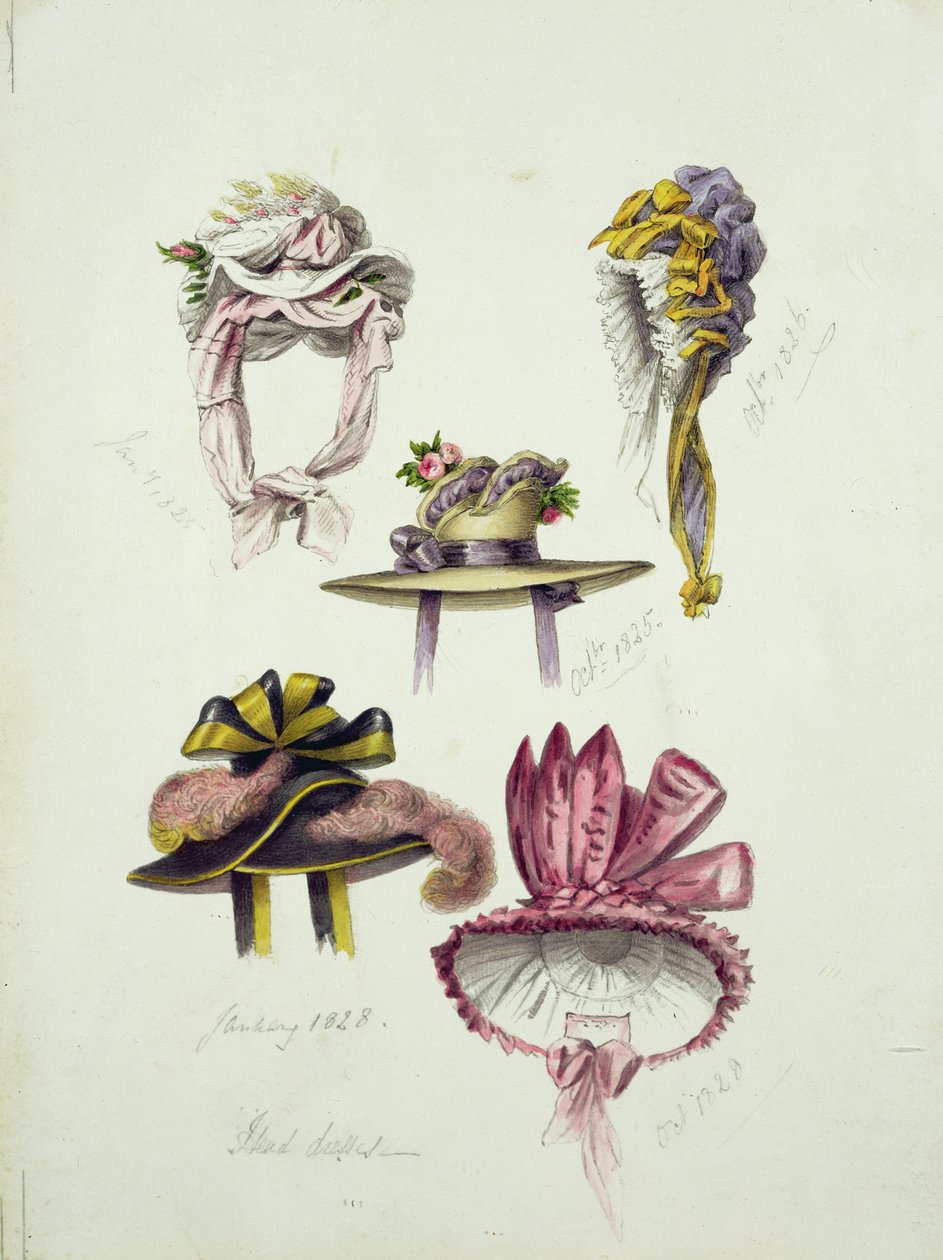 تصميمات ل Regency Hats ، 1828 (مرحاض بقلم رصاص على ورق) بواسطة مدرسة اللغة الإنجليزية